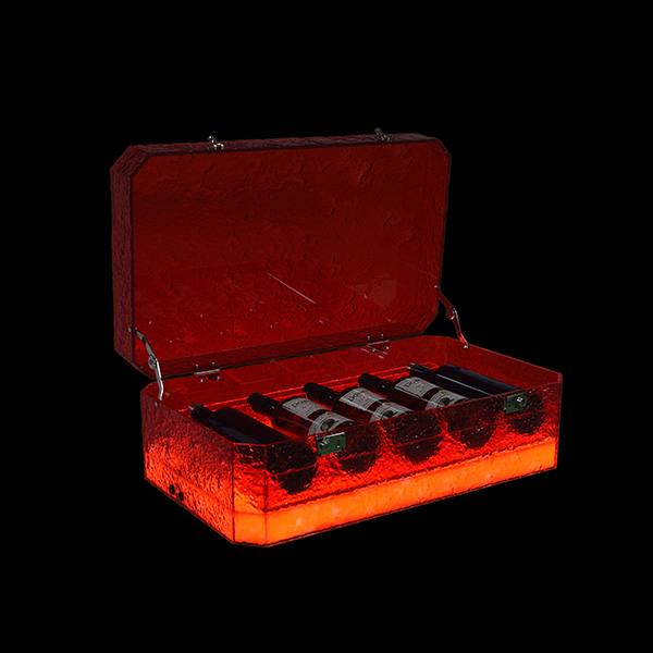 Five red stone patterned boxes (illuminated)